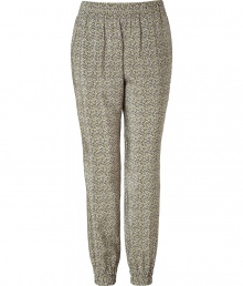 Stylish pants in fine, gray-yellow patterned silk - Fashionable, slightly ruffled harem silhouette has a slim but casual cut - Features comfortable elastic waist, leg cuffs, two pockets at side and back - Trendy pants looks great with a simple tee, boyfriend cardigan and flats Stylish pants in fine, gray-yellow patterned silk - Fashionable, slightly ruffled harem silhouette has a slim but casual cut - Features comfortable elastic waist, leg cuffs, two pockets at side and back - Trendy pants looks great with a simple tee, boyfriend cardigan and flats