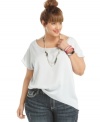 Make a dramatic exit in L8ter's short sleeve plus size top, featuring a cutout back. (Clearance)