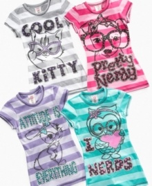 Don't be shy. She'll have no problem saying how she really feels through cute critters on this graphic tee from Beautees. Don't be shy. She'll have no problem saying how she really feels through cute critters on this graphic tee from Beautees.