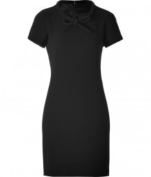 Sleek and elegant, this black dress in synthetic fiber is a stylish addition to any closet - Feminine with a simple bow at small, round neckline - Slim silhouette with mini length, short sleeves and concealed zipper at back - Fashionable choice for the workday or evening evenings - Pair with high boots or stacked heels Sleek and elegant, this black dress in synthetic fiber is a stylish addition to any closet - Feminine with a simple bow at small, round neckline - Slim silhouette with mini length, short sleeves and concealed zipper at back - Fashionable choice for the workday or evening evenings - Pair with high boots or stacked heels