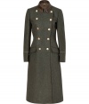 Finish your look on an elegant note with Salvatore Ferragamos exquisite wool loden coat, tailored to perfection and styled with soft lambskin trim for an immaculate finish guaranteed to elevate your outfit - Spread chocolate leather collar, long sleeves, camel piped cuffs, double-breasted button-down front, flap pockets, gold-toned logo buttons, back sash, back pleat - Sharply tailored fit - Team with flawless brown boots and a ladylike handbag