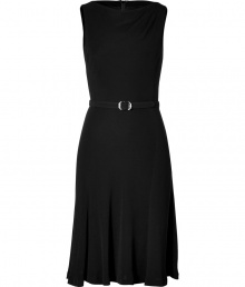 Inject a timeless feminine edge into your Little Black Dress collection with Ralph Lauren Blacks ultra sleek belted stretch sheath - Round neckline, sleeveless, leather belt with crystal embellished buckle, belt loops, hidden back zip - Fitted bodice, full skirt - Wear to work with sleek leather boots and a carryall tote, or try for cocktails with heels and a clutch