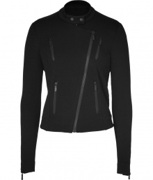 Classic lines of a biker jacket get a modern, sophisticated update in this wool jacket - Features a feminine waisted silhouette, long slender sleeves and traditional zip pockets - Asymmetric zip and double snaps on tight, short collar - Draping effect creates interest at back - Wear as an alternative to a blazer with a silk tank and pencil skirt, or with skinny jeans and boots for sleek, sexy look Classic lines of a biker jacket get a modern, sophisticated update in this wool jacket - Features a feminine waisted silhouette, long slender sleeves and traditional zip pockets - Asymmetric zip and double snaps on tight, short collar - Draping effect creates interest at back - Wear as an alternative to a blazer with a silk tank and pencil skirt, or with skinny jeans and boots for sleek, sexy look
