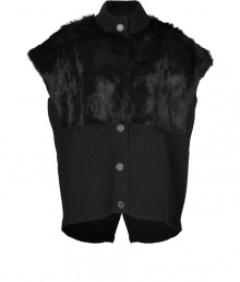 The perfect piece for finishing layered looks, Marc by Marc Jacobs rabbit fur detailed ribbed knit vest lends a cool modern edge to every outfit - Stand-up ribbed knit collar, rabbit fur yolk, button-down front, side slit pockets, back slit - Oversized fit - Wear with figure-hugging separates and just as edgy leather accessories The perfect piece for finishing layered looks, Marc by Marc Jacobs rabbit fur detailed ribbed knit vest lends a cool modern edge to every outfit - Stand-up ribbed knit collar, rabbit fur yolk, button-down front, side slit pockets, back slit - Oversized fit - Wear with figure-hugging separates and just as edgy leather accessories