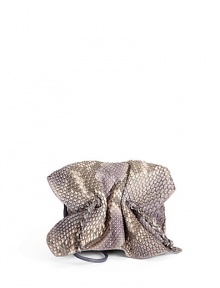 THE LOOKCrossbody strapCinched flapMagnetic tab closure under flapDrawstring topInside logo detailTHE MEASUREMENTCrossbody strap, 32 drop5W X 4H X 2½DTHE MATERIALPythonLeather and printed fabric liningORIGINMade in USA THE LOOKCrossbody strapCinched flapMagnetic tab closure under flapDrawstring topInside logo detailTHE MEASUREMENTCrossbody strap, 32 drop5W X 4H X 2½DTHE MATERIALPythonLeather and printed fabric liningORIGINMade in USA