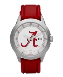 Show your Crimson Tide loyalty every second of the day with this signature team watch from Fossil. Red polyurethane strap and round stainless steel case. Bezel etched with numerals and stick indices. White dial features large red University of Alabama logo, printed minute track and stick indices at outer ring, date window at three o'clock and luminous hands. Quartz movement. Water resistant to 100 meters. Eleven-year limited warranty. Show your Crimson Tide loyalty every second of the day with this signature team watch from Fossil. Red polyurethane strap and round stainless steel case. Bezel etched with numerals and stick indices. White dial features large red University of Alabama logo, printed minute track and stick indices at outer ring, date window at three o'clock and luminous hands. Quartz movement. Water resistant to 100 meters. Eleven-year limited warranty.