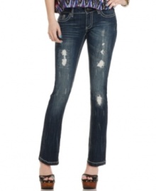 Rip and stitch distressing plus the perfect fade create a beautiful disaster on these bootcut jeans from Dollhouse! Rip and stitch distressing plus the perfect fade create a beautiful disaster on these bootcut jeans from Dollhouse!