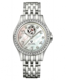 A timepiece of total sophistication. Kirkwood collection watch by Bulova Accutron crafted of stainless steel bracelet and round case with clear back and curved sapphire crystal. Bezel and dial embellished with 51 hand-set diamond accents. Mother-of-pearl dial features silver tone numerals at markers, black minute track, logo and aperture view of movement at twelve o'clock. Swiss mechanical Sellita movement. Water resistant to 100 meters. Five-year limited warranty. A timepiece of total sophistication. Kirkwood collection watch by Bulova Accutron crafted of stainless steel bracelet and round case with clear back and curved sapphire crystal. Bezel and dial embellished with 51 hand-set diamond accents. Mother-of-pearl dial features silver tone numerals at markers, black minute track, logo and aperture view of movement at twelve o'clock. Swiss mechanical Sellita movement. Water resistant to 100 meters. Five-year limited warranty.