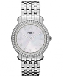 A beautiful ring of crystal accents adorns this Emma collection watch from Fossil. A beautiful ring of crystal accents adorns this Emma collection watch from Fossil.