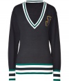 Channel Ivy League-inspired chic in this wool V-neck pullover from Jil Sander - V-neck with stripe, long sleeves, embroidered J logo patch detail at chest, striped detail at cuffs and hem, slim silhouette - Style with skinny jeans, embellished ballet flats, and an oversized tote