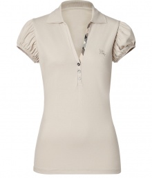 A feminine choice with its deep V-neckline and sweet puffed short sleeves, Burberry Brits polo shirt is a stylish way to dress up your basics - Spread collar, V-neckline, puffed short sleeves, partial button placket with characteristic check trim - Form-fitting - Channel preppy style and wear with jeans and bright loafers