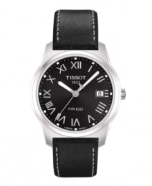 Classic and elegant styling by Tissot makes for effortless pairing with suits and sweaters. PR 100 watch crafted from black leather strap and round stainless steel case. Sleek black dial features Roman numerals, date window at three o'clock, luminous hands and logo. Swiss movement. Water resistant to 100 meters. Two-year limited warranty.