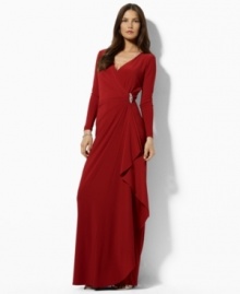 Slinky matte jersey creates an elegant drape on this long-sleeved petite dress from Lauren by Ralph Lauren, ornamented with a crystal-studded bar pin at the hip for sweeping old-Hollywood glamour. Slinky matte jersey creates an elegant drape on this long-sleeved petite dress from Lauren by Ralph Lauren, ornamented with a crystal-studded bar pin at the hip for sweeping old-Hollywood glamour.