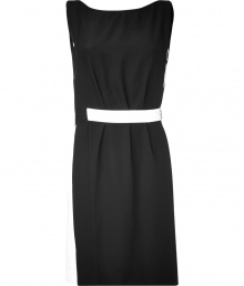 Avant-garde dress brings a healthy dose of modern style with fresh, asymmetric lines - High round neck and scooped back neckline - Straight cut, accentuated waist with contrasting white belt - Hem falls at the knee - Simple, super-stylish and perfect for any party - Wear with platform pumps and add a pop of vivid color with a bold accessory