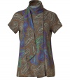 Perennially elegant paisley gets a modern, color-infused kick with Etros sumptuous silk stretch blouse - Classically chic in an earthy sepia print with bold splashes of green, blue and purple - Short sleeves and small standup collar with a draped, tie neck fabric panel -  Slim yet relaxed, modified A-line silhouette - Versatile and sophisticated, seamlessly transitions from work to weekend - Pair with cigarette trousers, skinny denim, pencil skirts or dressy shorts