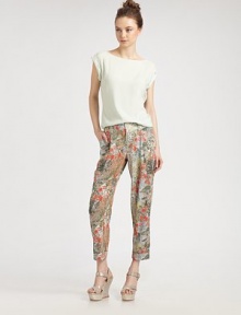 Classic trousers get a touch of feminine chic in printed silk with a hint of stretch.Wide waistband with belt loopsFront zip with hook-and-bar closureInverted pleatsSide slash pocketsBack slash pocketsCuffed legsRise, about 10Inseam, about 2995% silk/5% spandexDry cleanImportedModel shown is 5'10 (177cm) wearing US size 4.