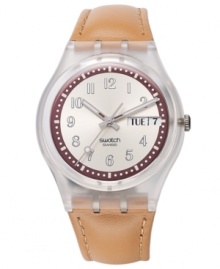 A classic leather Swatch watch with a transparent case for casual style. From the Croissant Chaud collection.