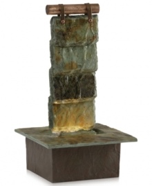 Soothe yourself in your surroundings. An artful landscape combines natural stone and copper accents with a waterfall flow illuminated by subtle lighting. A simple look & listen at this fountain calms and relaxes. 1-year warranty. Model WFL-SLFA. Soothe yourself in your surroundings. An artful landscape combines natural stone and copper accents with a waterfall flow illuminated by subtle lighting. A simple look & listen at this fountain calms and relaxes. 1-year warranty. Model WFL-SLFA.