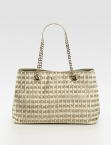A structured, roomy silhouette crafted of woven tweed for all of your essentials, finished with elegant chain straps and leather trim. Double top handles, 9 dropProtective metal feetTwo inside compartmentsTwo inside zip pocketsTwo inside open pocketsCotton lining15¾W X 10¼H X 4¼DImported A structured, roomy silhouette crafted of woven tweed for all of your essentials, finished with elegant chain straps and leather trim. Double top handles, 9 dropProtective metal feetTwo inside compartmentsTwo inside zip pocketsTwo inside open pocketsCotton lining15¾W X 10¼H X 4¼DImported
