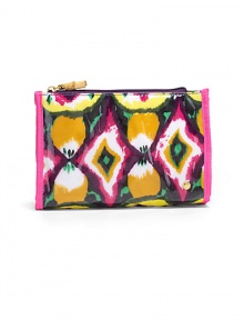 THE LOOKVibrant ikat printed fabric with plastic overlayRectangular silhouetteTop zip closure with bamboo pullSignature goldtone S studInside logo printTHE MEASUREMENT9W X 6H X 2½DTHE MATERIALFabric and plasticFully linedORIGINImported THE LOOKVibrant ikat printed fabric with plastic overlayRectangular silhouetteTop zip closure with bamboo pullSignature goldtone S studInside logo printTHE MEASUREMENT9W X 6H X 2½DTHE MATERIALFabric and plasticFully linedORIGINImported