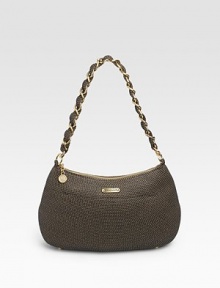 Easy and elegant pouch with chunky intertwined chain shoulder strap. Shoulder strap, 18 drop Top zip closure One outside open pocket One zip, cell phone and one mirror inside pockets Cotton lining 13W X 9H X 4D Made in USA Easy and elegant pouch with chunky intertwined chain shoulder strap. Shoulder strap, 18 drop Top zip closure One outside open pocket One zip, cell phone and one mirror inside pockets Cotton lining 13W X 9H X 4D Made in USA