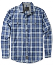 Trade in boring for brash with your all-weekend all-star: this cool plaid shirt from Calvin Klein. Trade in boring for brash with your all-weekend all-star: this cool plaid shirt from Calvin Klein.