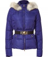 A royal blue hue covers this quilted down jacket from Emilio Pucci - Stand collar, fox fur-lined hood, front zip closure, long sleeves, belted waist, zip pockets, slim fit - Wear with slim jeans and shearling boots or an office-ready ensemble