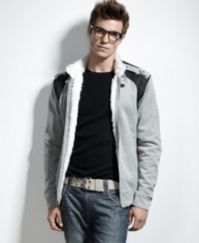 Offering a nod to classic aviator-style jackets, this INC jacket features contrast shoulder fabric with military-style epaulets. Fully lined with white faux fur for elevated style. Offering a nod to classic aviator-style jackets, this INC jacket features contrast shoulder fabric with military-style epaulets. Fully lined with white faux fur for elevated style.