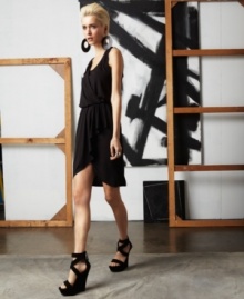 Draped details and a bow tie add feminine flair to this wrap-style doo.ri for Impulse dress -- pair it with geometric extras for cool contrast! Draped details and a bow tie add feminine flair to this wrap-style doo.ri for Impulse dress -- pair it with geometric extras for cool contrast!