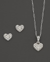 Young and glamorous: Mini diamond heart earrings and pendant necklace in white gold.