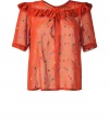 Stylish blouse in fine, orange-rust silk - Wonderfully light and flattering - Feminine, slim fit with decorative ruffled draping - Fashionable print - Moderately long with short sleeves and a round neckline - A color hit with neutral bottoms - Pair with a pencil skirt, wide flared pants, leather pants