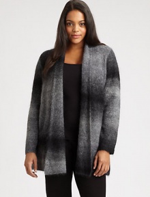 Leave it to ombre to enhance an already appealing style. This shawl-collar sweater has easy appeal and a flattering fit.Shawl collarLong sleevesPin closureAbout 30 from shoulder to hemMohair/nylon/viscose/wool/spandexDry cleanImported of Italian fabric