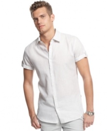 With roll-tab sleeves, this striped shirt from Calvin Klein is a classic silhouette with a cool modern twist.