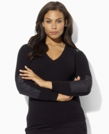 Lauren Ralph Lauren's timeless V-neck cotton plus size sweater is infused with athletic appeal with microfiber patches at the shoulders and arms.