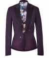 Equestrian chic proved one of the seasons most wearable trends, and this plum riding jacket from Paul Smith undoubtedly ups the ante on manor-worthy elegance - Slim, fitted cut tapers through waist - Small collar, wide contrast lapels and two rows of buttons - Extended, pleated back panel creates a gentle peplum effect - Lush, multicolor graphic print lining - Seamlessly transitions from work to evening cocktails, parties and dinners - Pair with leather pants or pencil skirts, skinny dark denim or suit trousers