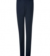 Exquisitely tailored with a flawless slim fit, Jil Sanders navy stretch wool trousers are a wardrobe staple guaranteed to give your look a seamlessly sophisticated edge - Side and buttoned back slit pockets, hidden hook closure, belt loops, flat front - Contemporary slim fit - Wear with an immaculately cut shirt and matching slim fit blazer
