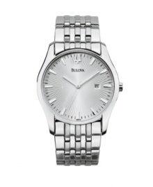 A burst of luxury to make each day a bit more indulgent, by Bulova. Watch crafted from stainless steel bracelet and round case. Intricate silvertone sunray dial features stick indices, date window at three o'clock and logo. Quartz movement. Water resistant to 30 meters. Three-year limited warranty.