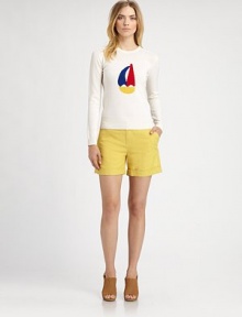 A colorful, abstracted sailboat motif is intarsia-knit into this soft wool pullover.Rib-knit crewneck, cuffs and hemWoolDry cleanImported of Italian fabricModel shown is 5'10½ (179cm) wearing US size 4. 