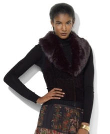 Lauren Ralph Lauren's superbly soft faux-beaver trim glamorously accents a chic knit vest with a timeless patchwork pattern.