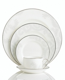 A modern pattern steeped in tradition, Vera Wang's white-on-white Trailing Vines place settings promise a lifetime of exquisite dining in sturdy, dishwasher-safe bone china. With bands of polished platinum. A modern pattern steeped in tradition, Vera Wang's white-on-white Trailing Vines place settings promise a lifetime of exquisite dining in sturdy, dishwasher-safe bone china. With bands of polished platinum.