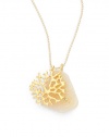 THE LOOKDruzy pendant with cubic zirconia accent Seafan detailBall chain18k yellow goldplated brassCircle claspTHE MEASUREMENTPendant width, about 1Pendant length, about 1.5Length, about 20ORIGINMade in USA