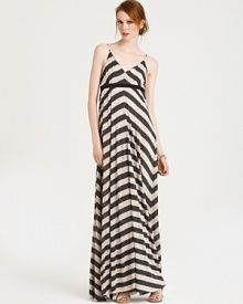 Elongate your look with this striped, empire waist maxi with an elastic band on the back. An instant wardrobe staple--wear it from day to night, all season long.