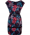 Chic dress in fine, green and blue silk - Gorgeous, on-trend red and teal floral print - Flattering boat neckline, belted waist, barely there short sleeves - Decorative black trim at short, tulip skirt - Slim cut, A-line silhouette tapers at waist - Elegant, trendy and fun, ideal for parties and events - Pair with platform ankle booties or strappy sandals and style with a clutch