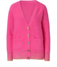 Super soft and cozy with a flattering tailored fit, Juicy Coutures bright pink angora-blend cardigan is a fun way to glam up your casual winter style - V-neckline, long sleeves, gold-toned metallic knit cuffs and trim, gold-toned button-down front, front slit pockets - Tailored fit - Wear with a tissue tee, favorite skinnies and flats Super soft and cozy with a flattering tailored fit, Juicy Coutures bright pink angora-blend cardigan is a fun way to glam up your casual winter style - V-neckline, long sleeves, gold-toned metallic knit cuffs and trim, gold-toned button-down front, front slit pockets - Tailored fit - Wear with a tissue tee, favorite skinnies and flats