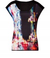 Take a contemporary stance on cocktails chic with Steffen Schrauts cityscape printed top - Scoop neckline, cap sleeves, black grosgrain trim, black modal back - Loosely fitted - Wear with a pencil skirt and heels, or over leather leggings with embellished flats