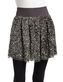 THE LOOKExtra wide elastic waistbandAllover beaded sequin meshFully linedTHE FITAbout 17 longTHE MATERIALPolyamideCARE & ORIGINDry cleanImportedModel shown is 5'11 (180cm) wearing US size Small. THE LOOKExtra wide elastic waistbandAllover beaded sequin meshFully linedTHE FITAbout 17 longTHE MATERIALPolyamideCARE & ORIGINDry cleanImportedModel shown is 5'11 (180cm) wearing US size Small.