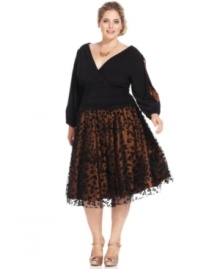 Jessica Howard's plus size dress is full of captivating touches--split sleeves with a golden lining, a ruched waist and an animal-inspired skirt overlay are just a few!