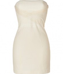 Stylish cocktail dress in fine, ecru cotton and polyamide stretch blend - Elegant bustier bodice with delicate crochet overlay - Pencil skirt hits above the knee - Fitted, ultra-feminine silhouette - Zips at side - Sweet and sophisticated, perfect for parties and evenings out - Pair with sandals or wedges and a colorful clutch