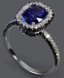 You'll certainly turn heads in this sparkler. Effy Collection's beautiful cocktail ring highlights a cushion-cut diffused ceylon sapphire (1-3/8 ct. t.w.) surrounded by rows of round-cut white diamonds (1/2 ct. t.w.) and black diamonds (1/4 ct. t.w.). Crafted in 14k white gold. Approximate width: 4/5 inch. Approximate length: 1/2 inch. You'll certainly turn heads in this sparkler. Effy Collection's beautiful cocktail ring highlights a cushion-cut diffused ceylon sapphire (1-3/8 ct. t.w.) surrounded by rows of round-cut white diamonds (1/2 ct. t.w.) and black diamonds (1/4 ct. t.w.). Crafted in 14k white gold. Approximate width: 4/5 inch. Approximate length: 1/2 inch.