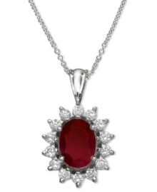 Royalty in red. EFFY Collection's stunning oval-shaped pendant features a ruby center (1-1/12 ct. t.w.) surrounded by a halo of round-cut diamonds (1/3 ct. t.w.). Set in 14k white gold. Approximate length: 18 inches. Approximate drop: 1/2 inch. Royalty in red. EFFY Collection's stunning oval-shaped pendant features a ruby center (1-1/12 ct. t.w.) surrounded by a halo of round-cut diamonds (1/3 ct. t.w.). Set in 14k white gold. Approximate length: 18 inches. Approximate drop: 1/2 inch.